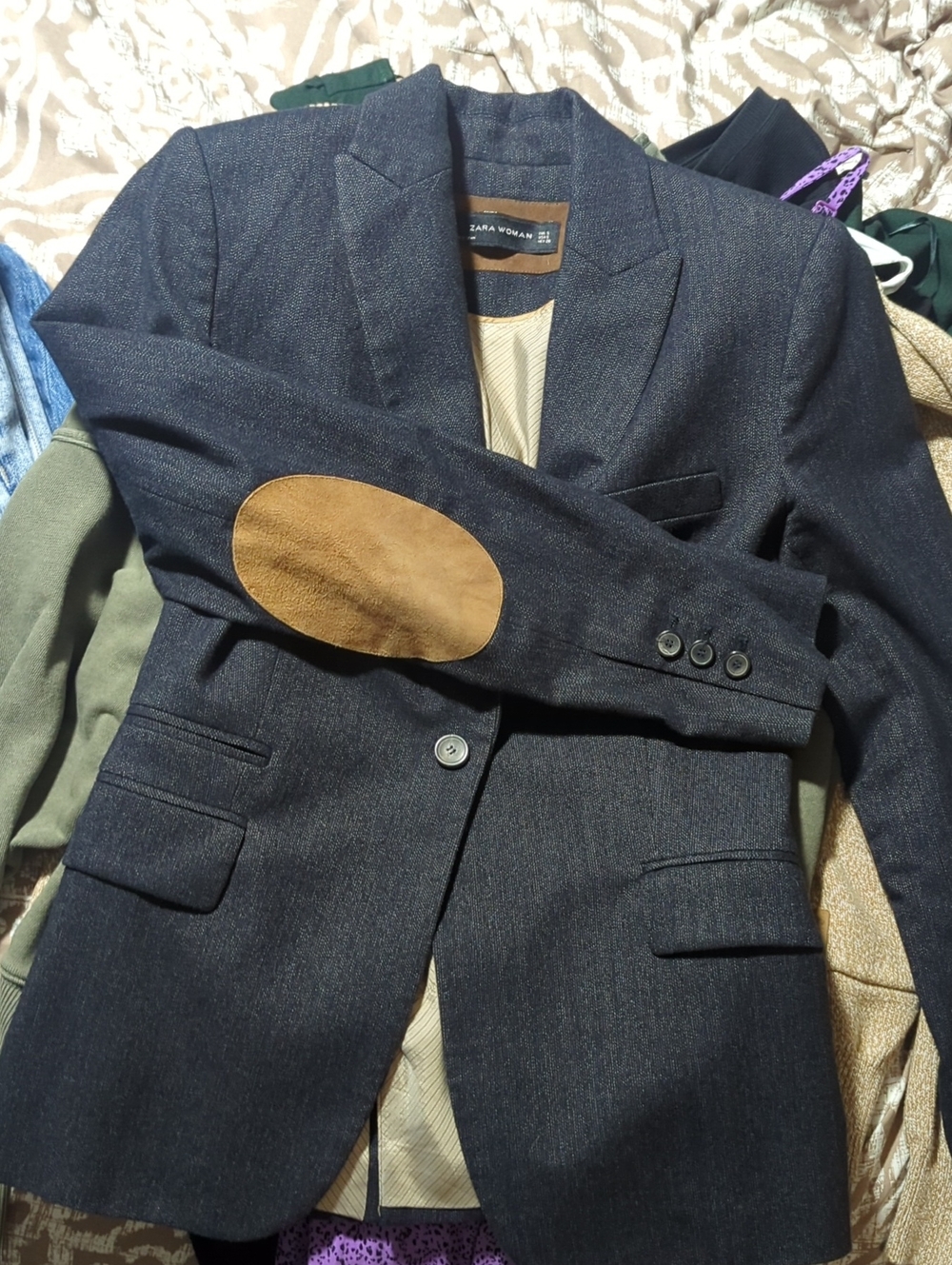 Zara Dark Navy Blazer with Brown Elbow Patches